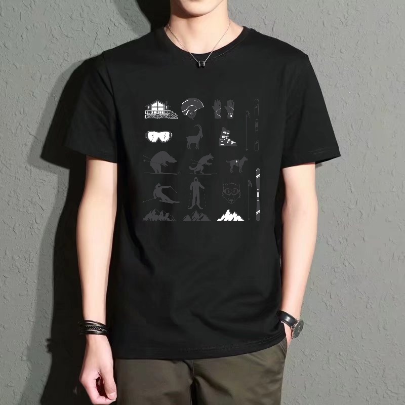 Street Fashion Elements - Men's Black Round-Neck Short-Sleeved T-Shirt, Casual