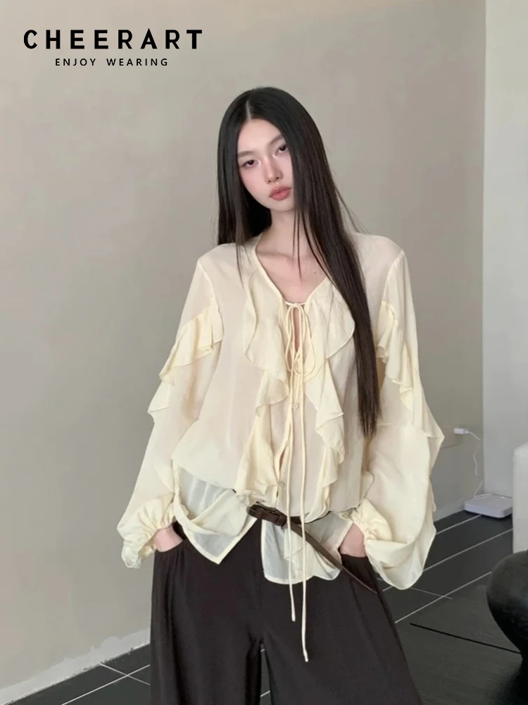 CHEERART Ruffles V Neck Tie Fr - Street Fashion Fall 2025 incelemesi ve fiyatı